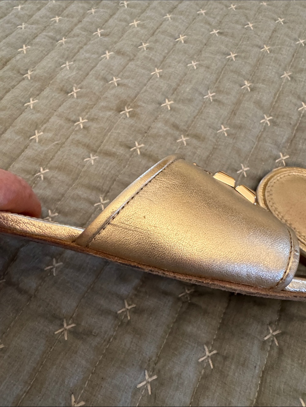 Tory Burch Gold Logo Slide Sandals - Metallic Leather - Picture 8 of 9